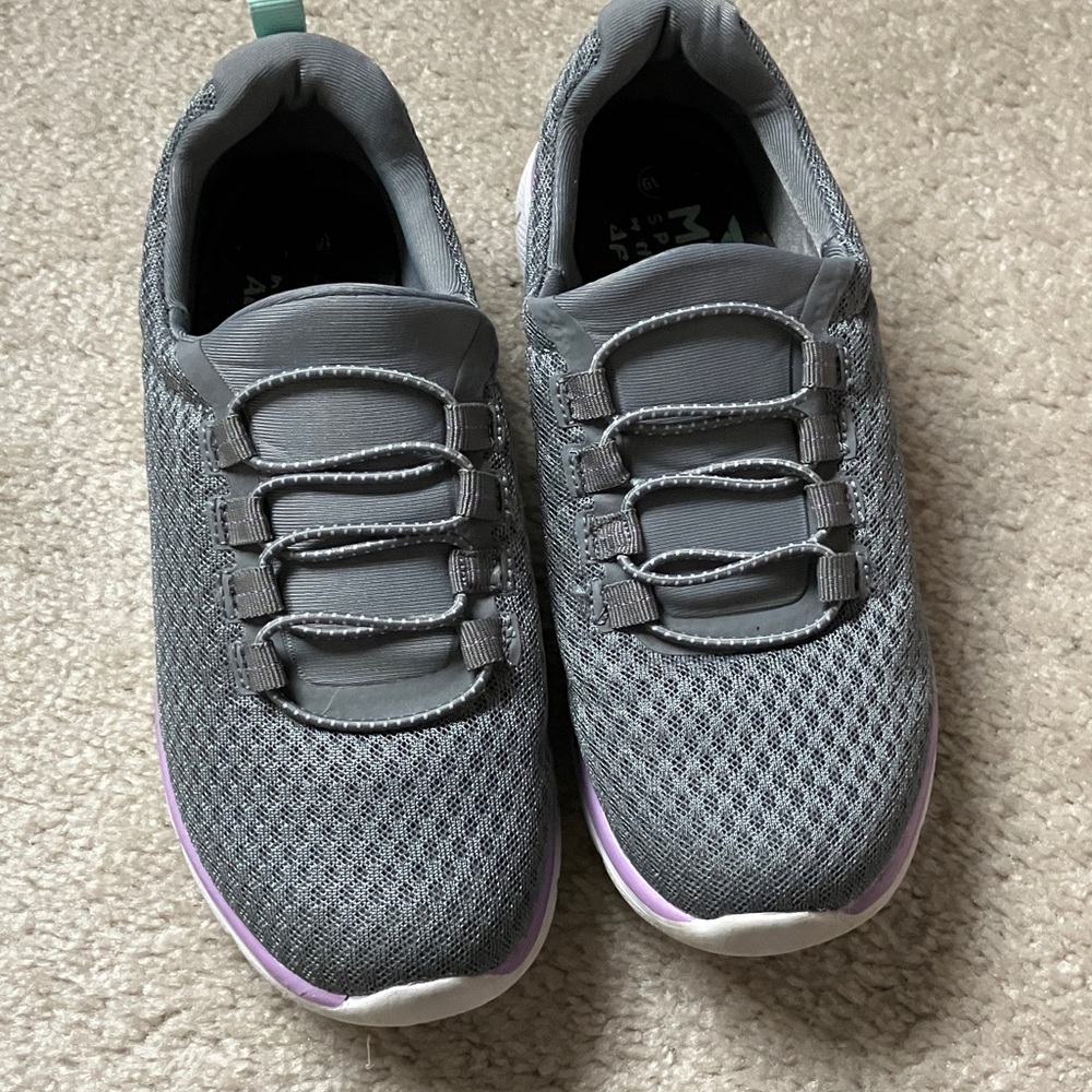 Women's Gray Mesh Slip-On Athletic Sneakers with Purple Accent